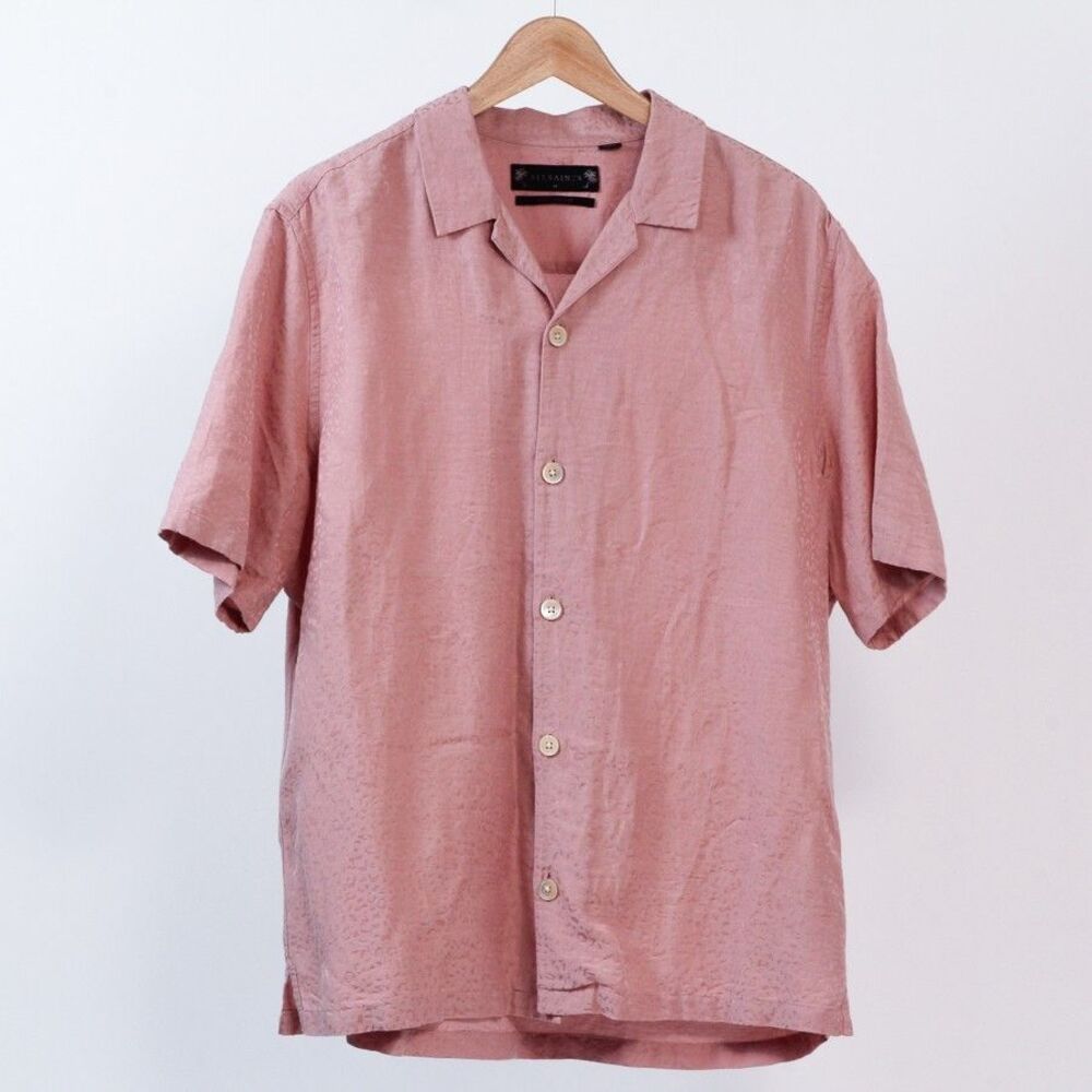 AllSaints Cult Shirt Medium M Pink Leopard Animal Print Camp Collar Cotton Relax